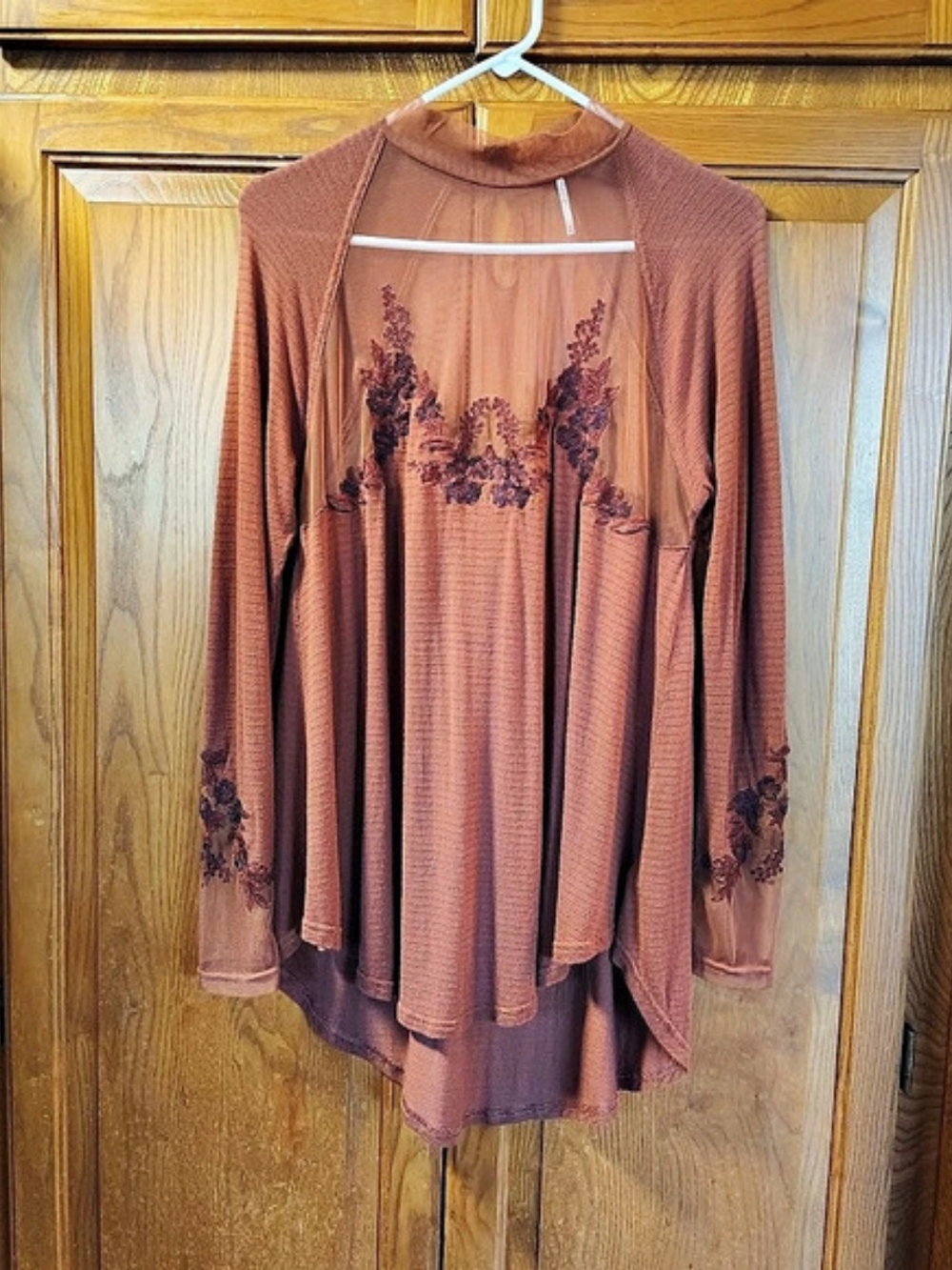 Free People Saheli Mesh Floral Long Sleeve Top Brown Purple Sz M Whimsigoth
